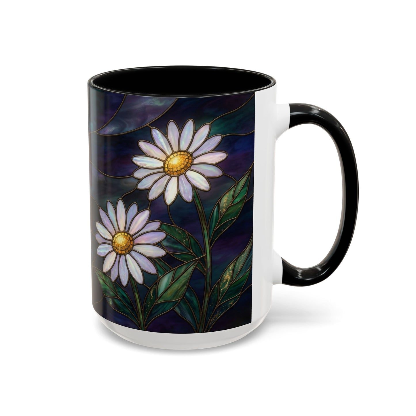 Daisy Stained Glass Accent Coffee Mug — White Daisies on Midnight (11/15oz) - 14535