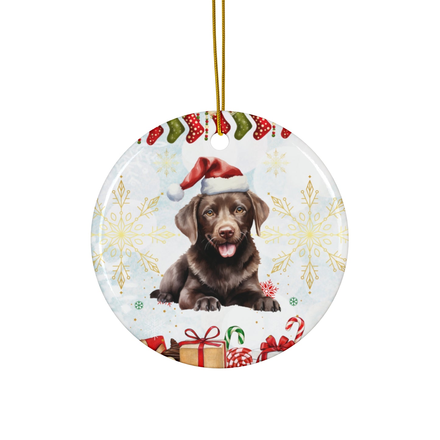 Dog with Christmas Hat - Ceramic Ornament, 4 Shapes