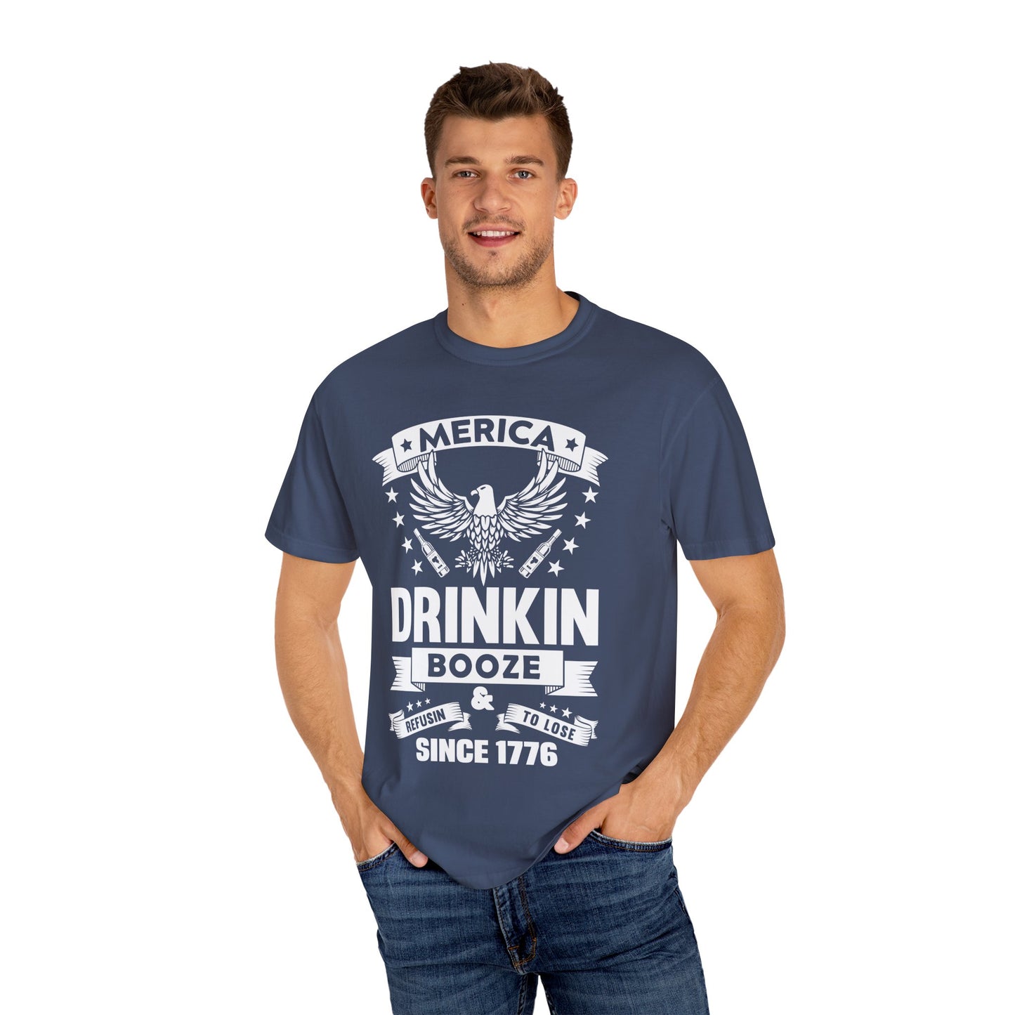 Patriotic Graphic Tee, Unisex Vintage T-shirt, Amerca Drinking Booze Shirt, Independence Day Gift, Casual Wear, Freedom Fashion - 13788