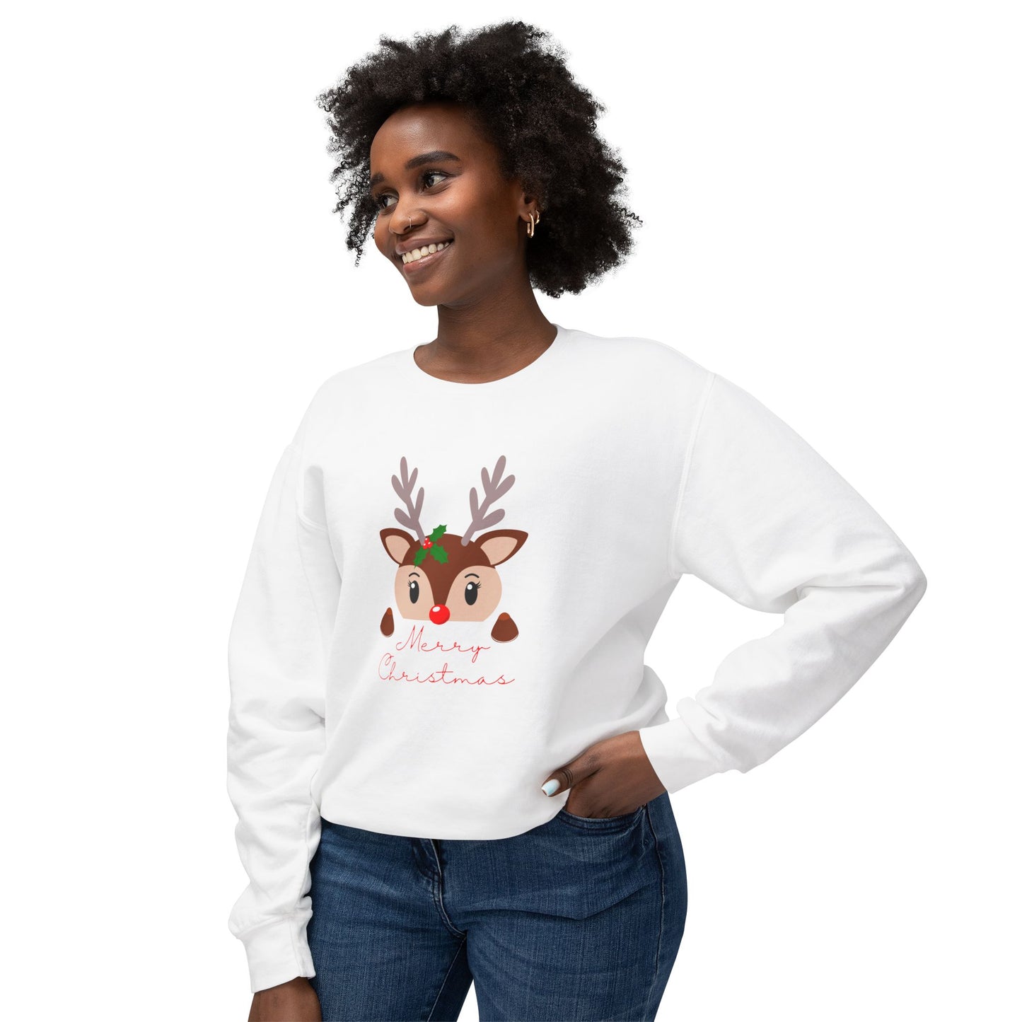 Reindeer, Merry Christmas - Unisex Lightweight Crewneck Sweatshirt - 10491