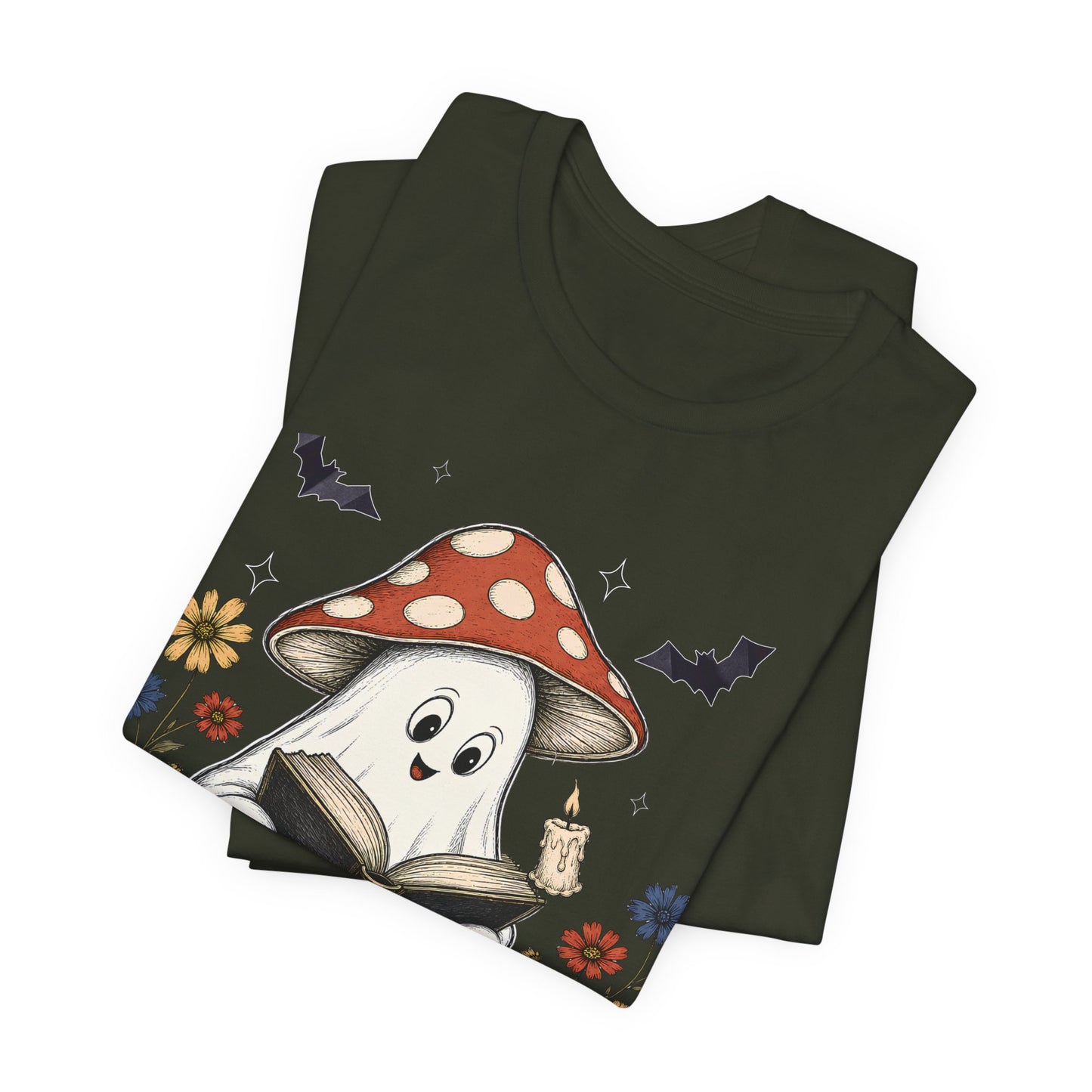 Spooky Stories Ghost T-Shirt, Cute Mushroom Ghost Reading Shirt for Halloween - 14970