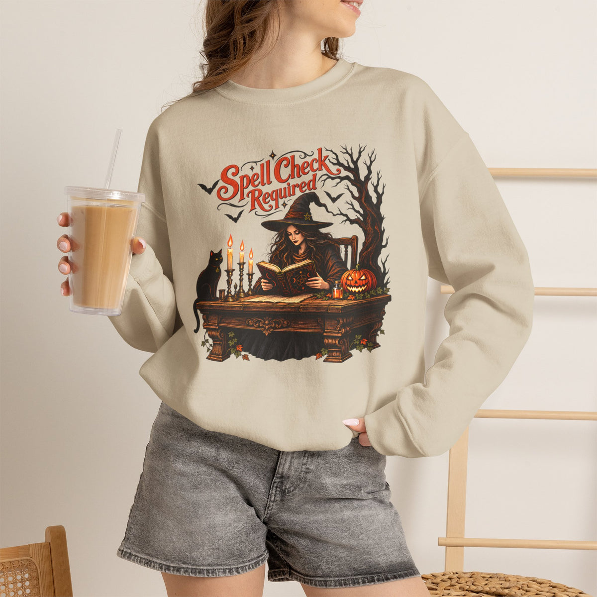 Spell Check Required Sweatshirt, Vintage Witch Halloween Crewneck - 14543