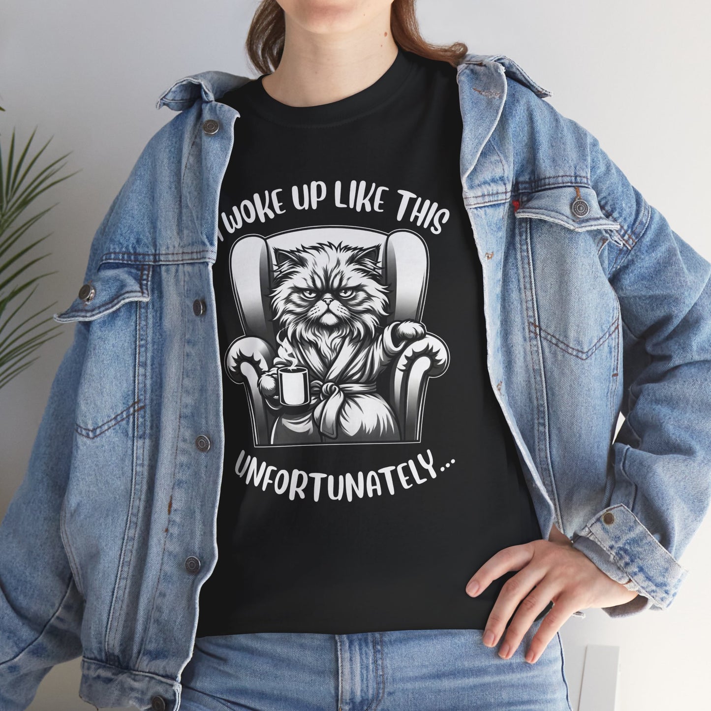 Funny Grumpy Cat T-Shirt – “I Woke Up Like This… Unfortunately” Graphic Tee- 14843