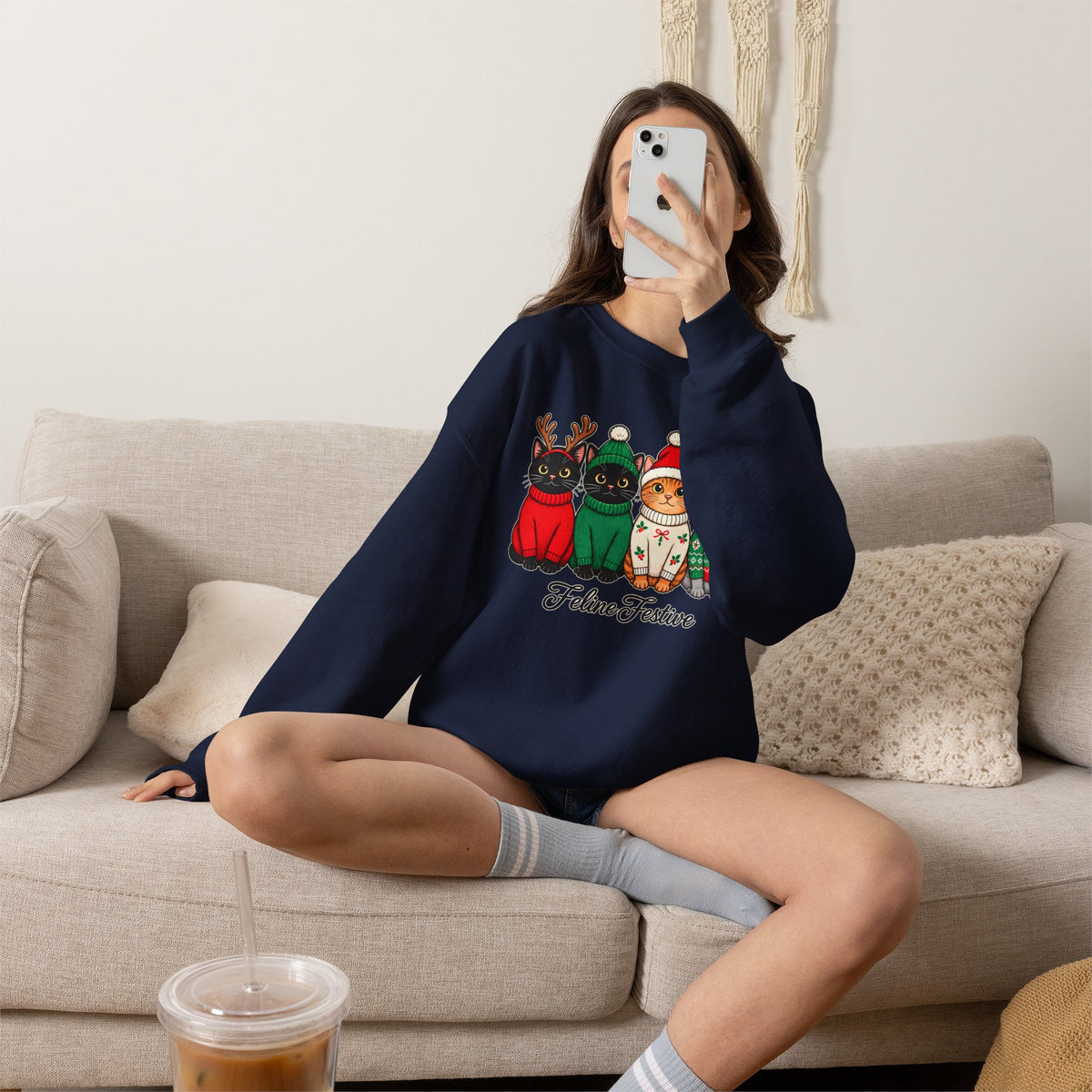 Feline Festive Sweatshirt, Cute Christmas Cats Crewneck - 14564