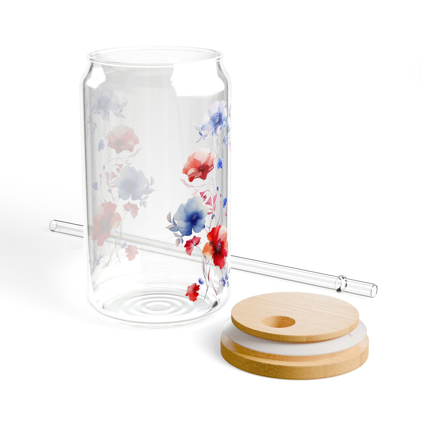 Red & Blue Flowers,  Customizable - Sipper Glass, 16oz - 10822