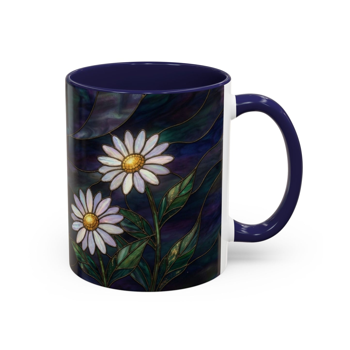 Daisy Stained Glass Accent Coffee Mug — White Daisies on Midnight (11/15oz) - 14535