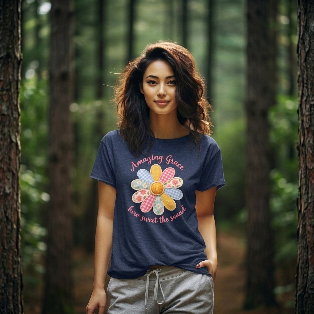 Amazing Grace Daisy T-Shirt, “How Sweet the Sound” Floral Christian Tee - 14992