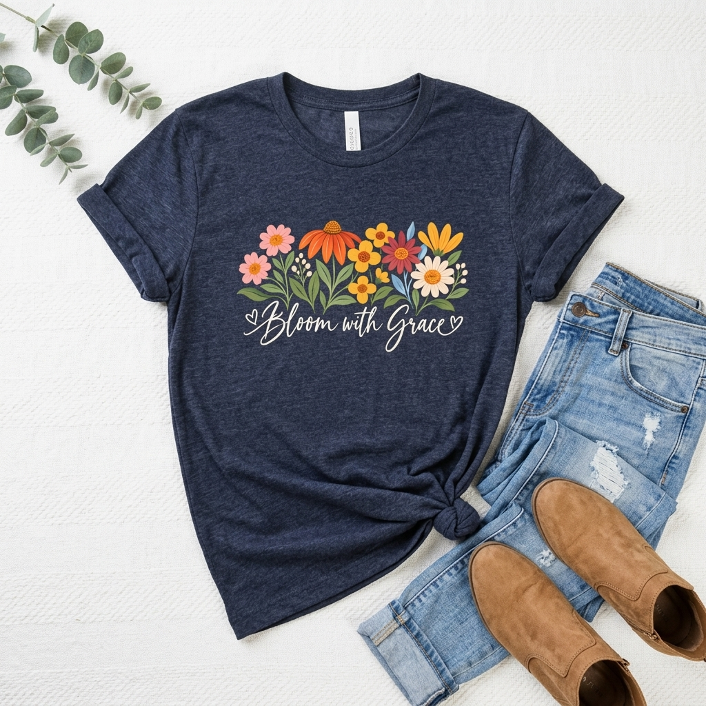 Bloom With Grace Floral T-Shirt, Women’s Inspirational Flower Tee - 14983