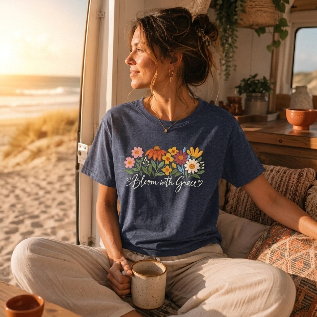 Bloom With Grace Floral T-Shirt, Women’s Inspirational Flower Tee - 14983