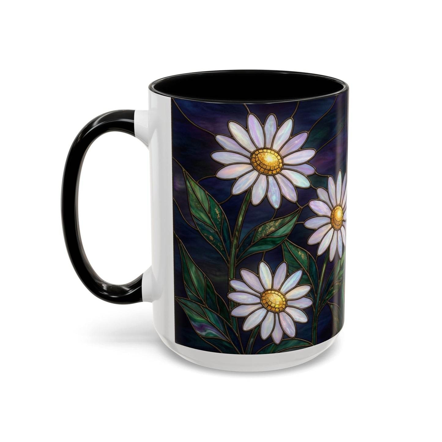 Daisy Stained Glass Accent Coffee Mug — White Daisies on Midnight (11/15oz) - 14535
