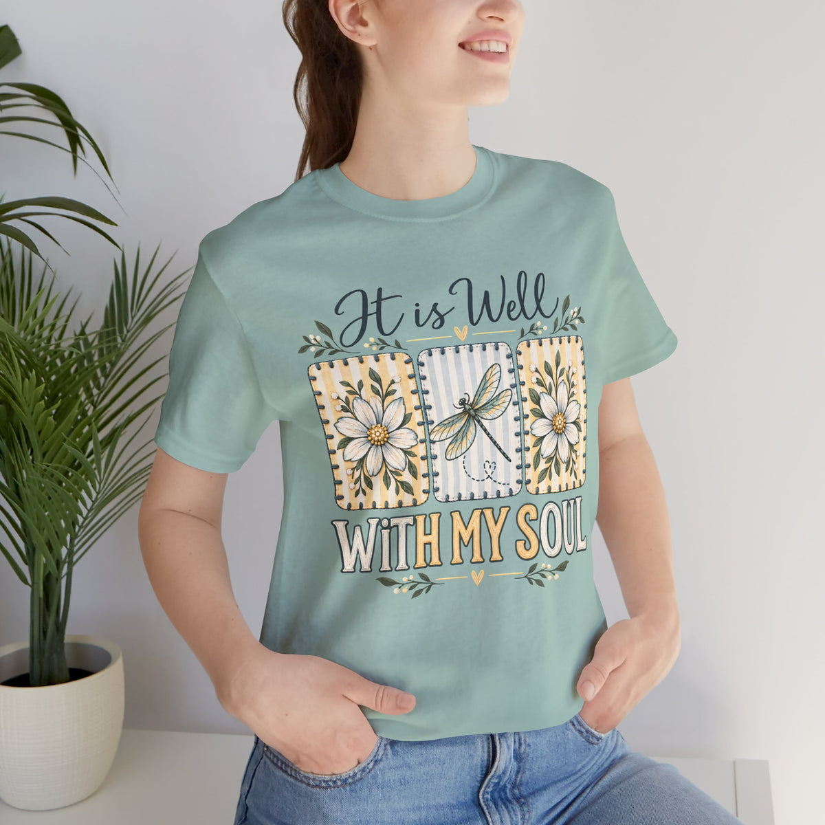 It Is Well With My Soul T-Shirt, Floral Dragonfly Christian Faith Tee - 14991