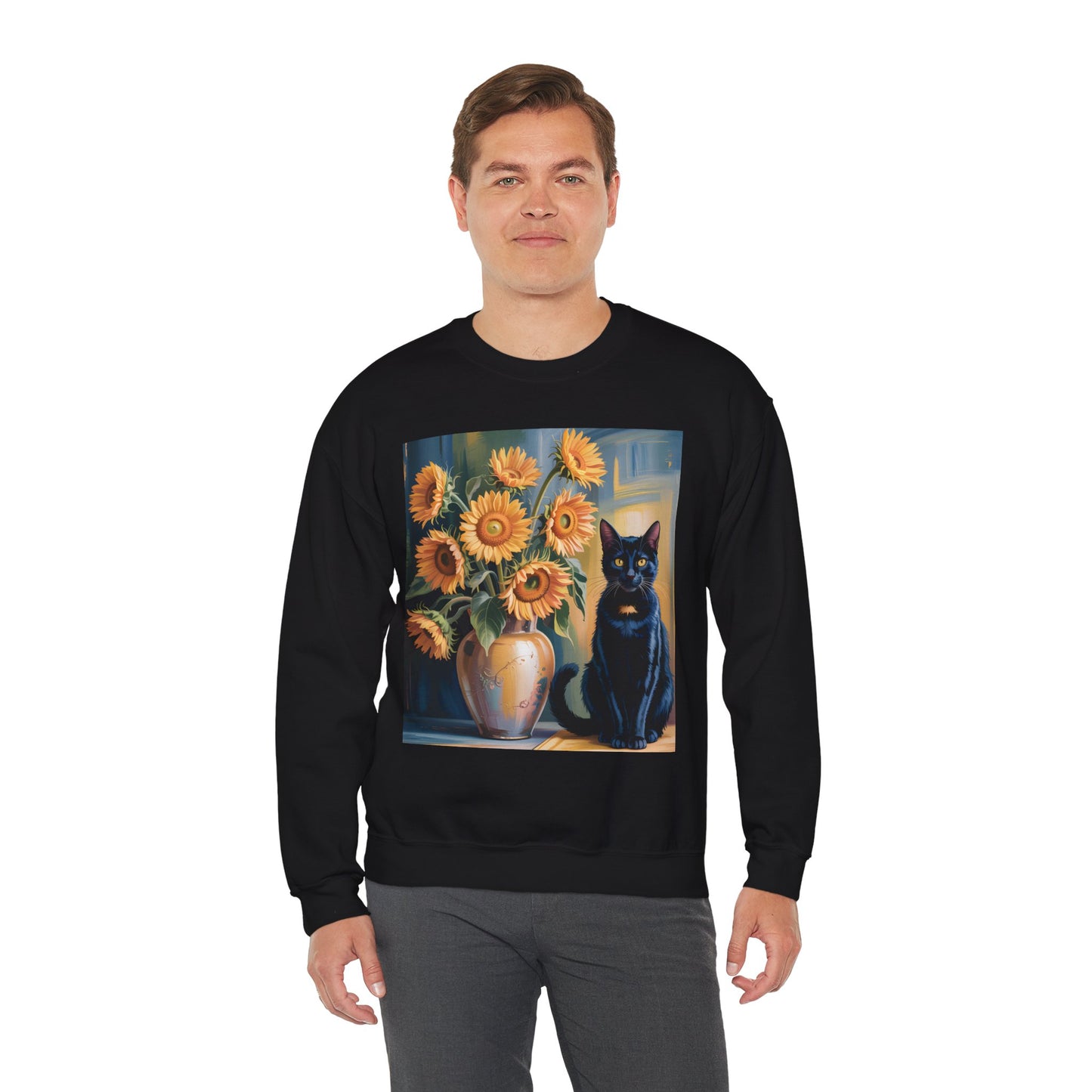 Van Gogh Style Black Cat & Sunflowers Sweatshirt – Art Lover Cozy Crewneck - 14766