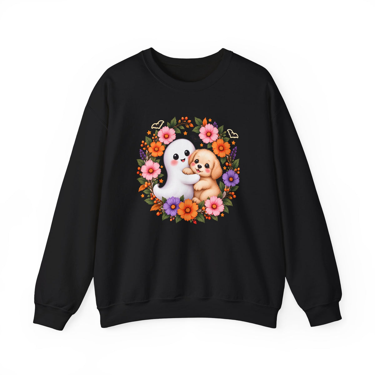 Cute Ghost & Puppy Halloween Sweatshirt,  Floral Crewneck - 14515