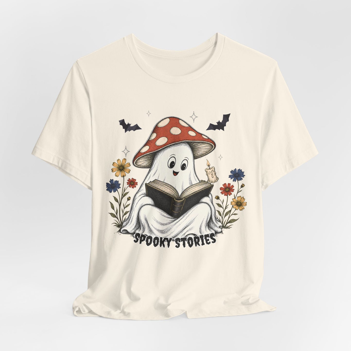 Spooky Stories Ghost T-Shirt, Cute Mushroom Ghost Reading Shirt for Halloween - 14970