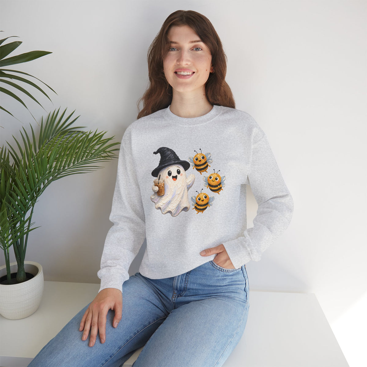 Cute Halloween Ghost & Bees Sweatshirt, Whimsical Witch Hat Crewneck - 14538