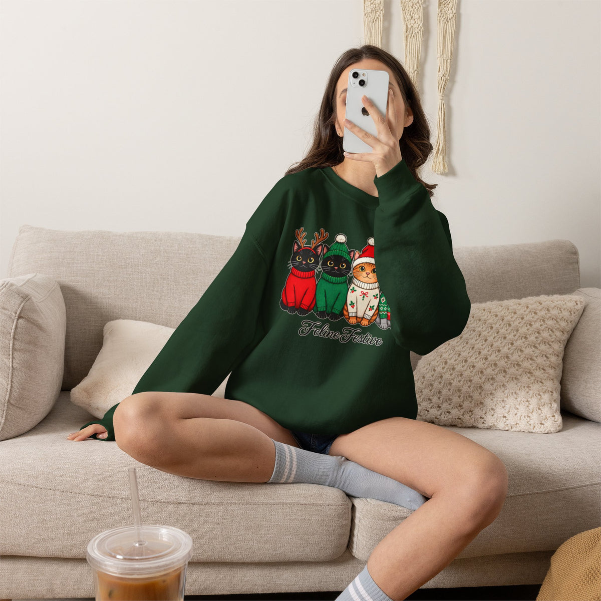 Feline Festive Sweatshirt, Cute Christmas Cats Crewneck - 14564