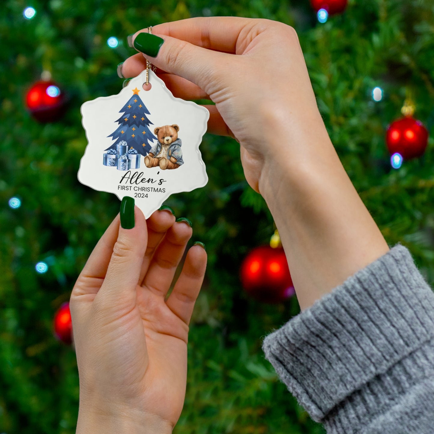 First Christmas, Baby Boy, Teddy Bear, Customizable - Ceramic Ornament, 4 Shapes - 10018