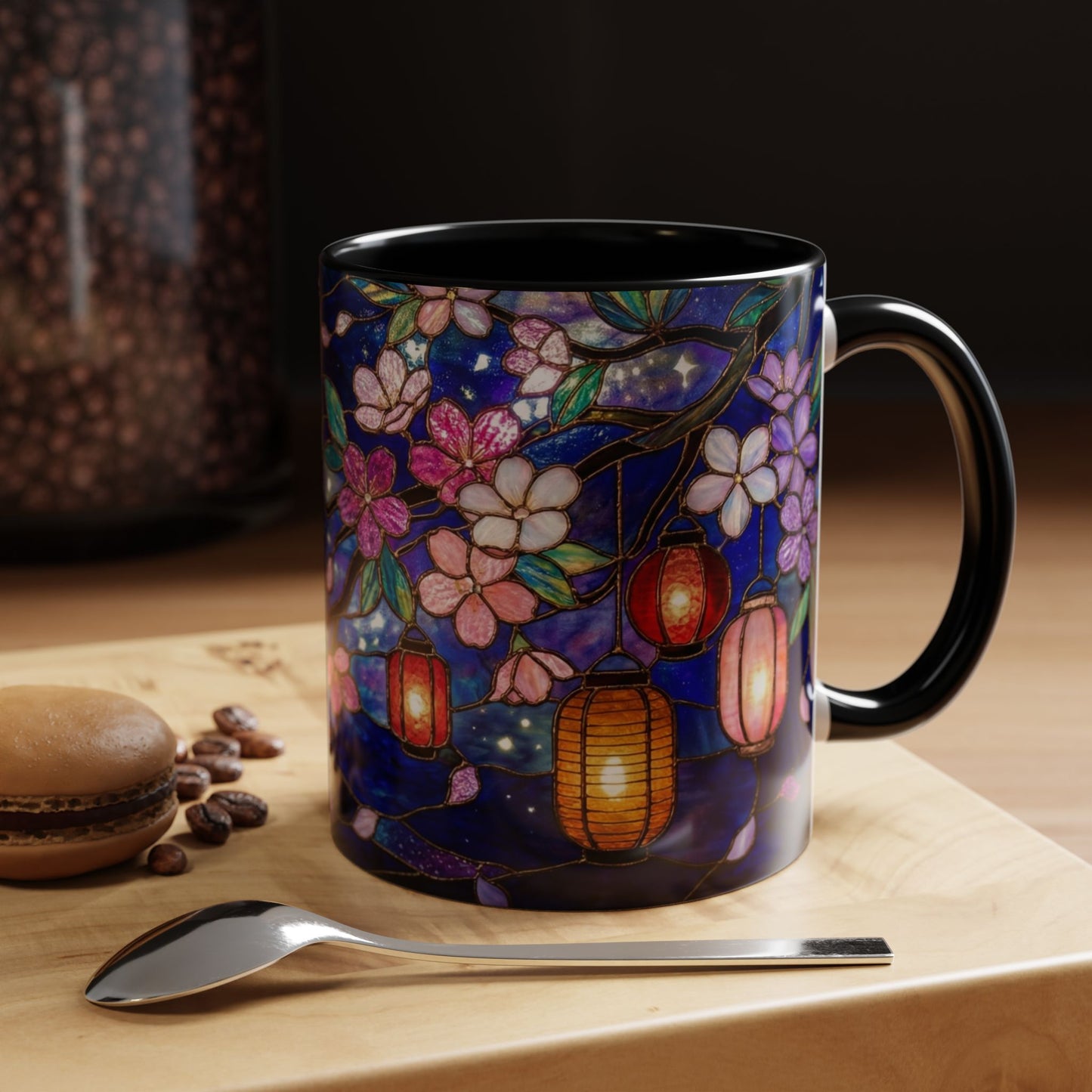 Cherry Blossom Lantern Coffee Mug — Floral Night Sky, Stained Glass Design (11/15 oz) - 14533