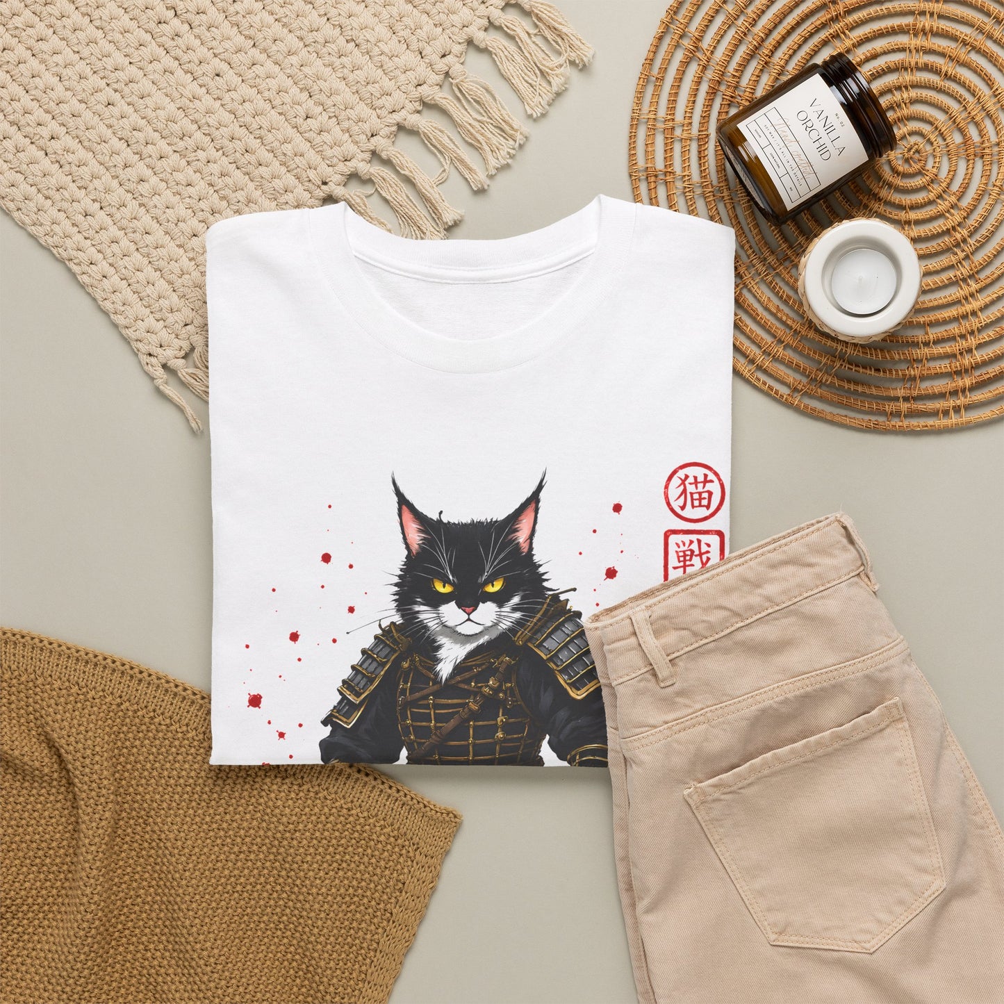 Samurai Cat T-Shirt – Japanese Warrior Cat Graphic Tee, Anime Samurai Cat Shirt, Japanese Streetwear Gift - 14913