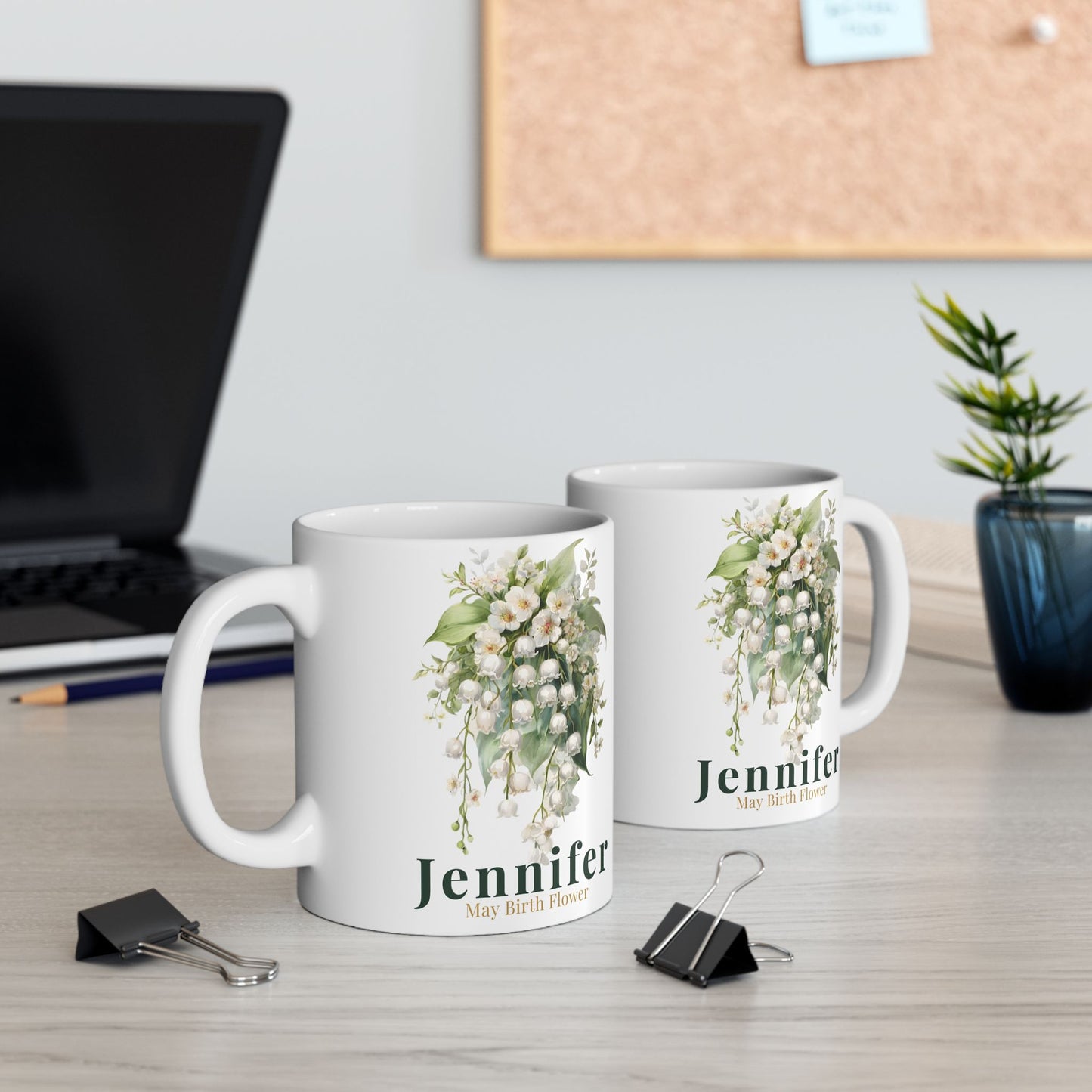 Custom Name Botanical Coffee Mug – Personalized Lily of the Valley Floral Mug Gift for Her (11oz, 15oz) - 14886