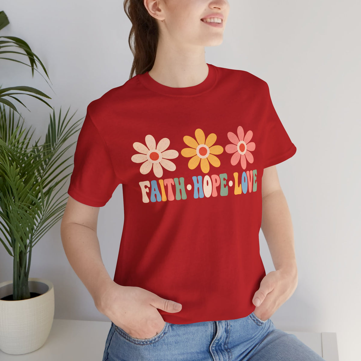 Faith Hope Love Floral T-Shirt, Retro Flower Graphic Tee - 14978