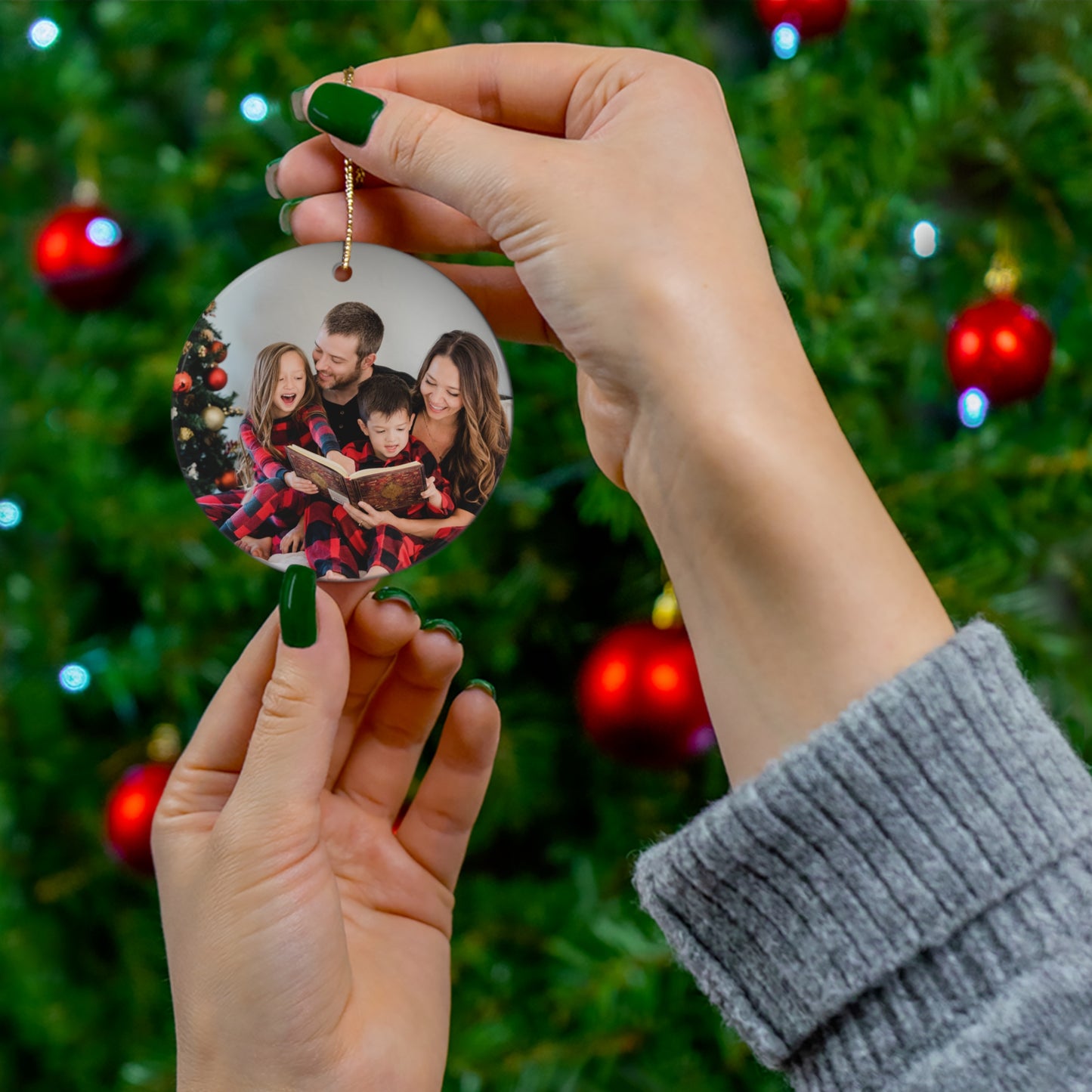 Christmas, Family Photo - Ceramic Ornament, 4 Shapes