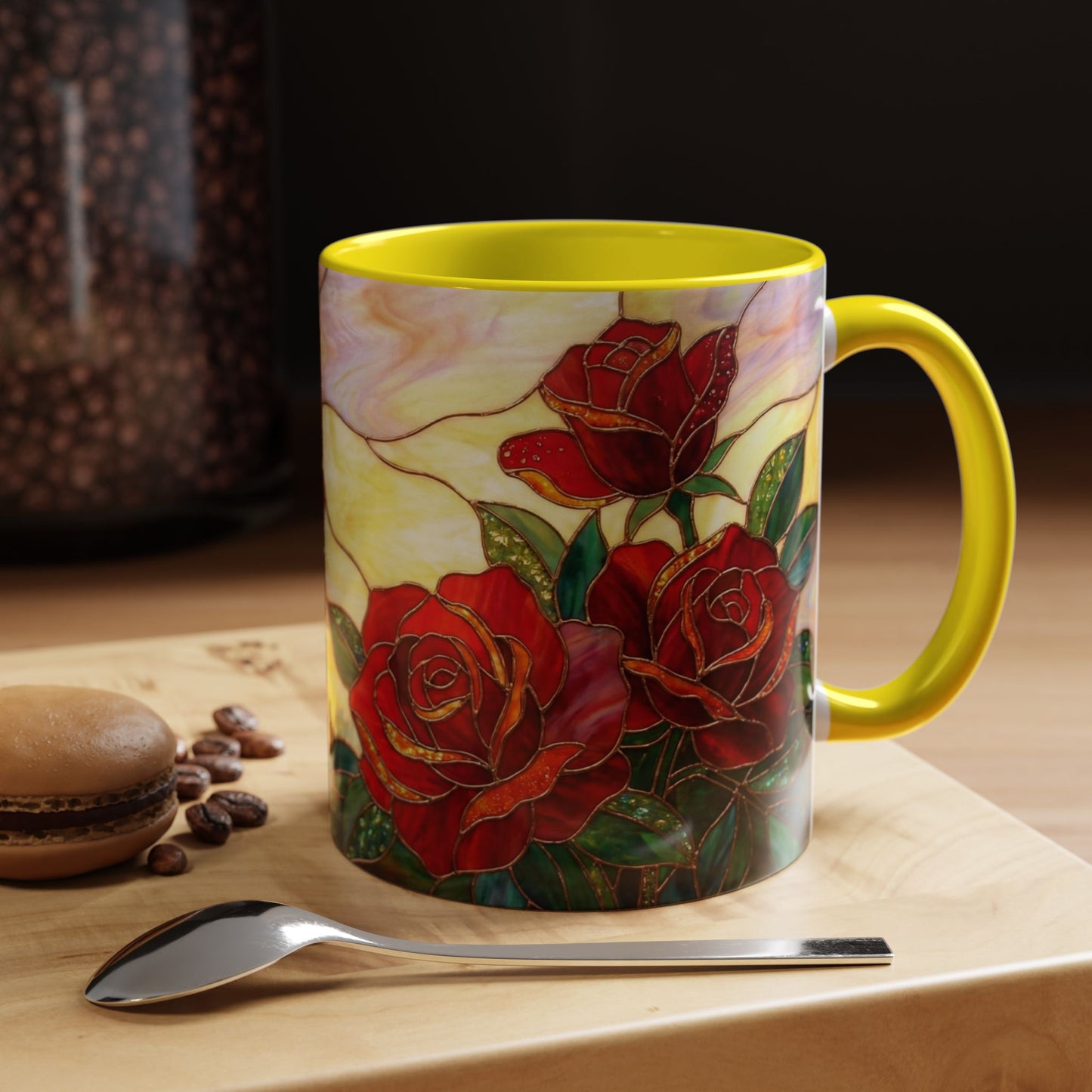 Rose Stained Glass Accent Coffee Mug – Red Roses Floral 11/15oz - 14539