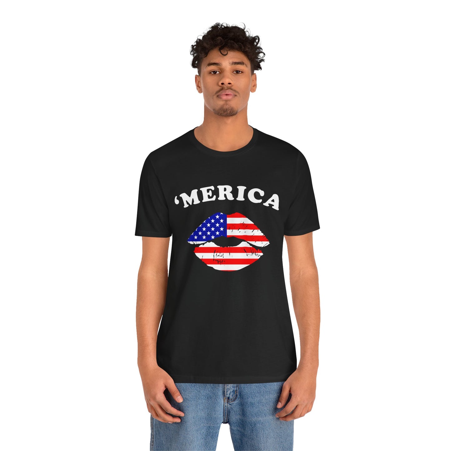 'Merica Unisex Jersey Tee, Patriotic Short Sleeve Shirt, USA Flag Design, Independence Day Apparel, Festival Wear, Summer Casual - 13519