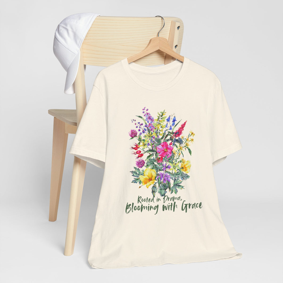 Blooming With Grace Floral T-Shirt, “Rooted in Drama” Watercolor Botanical Tee - 14965