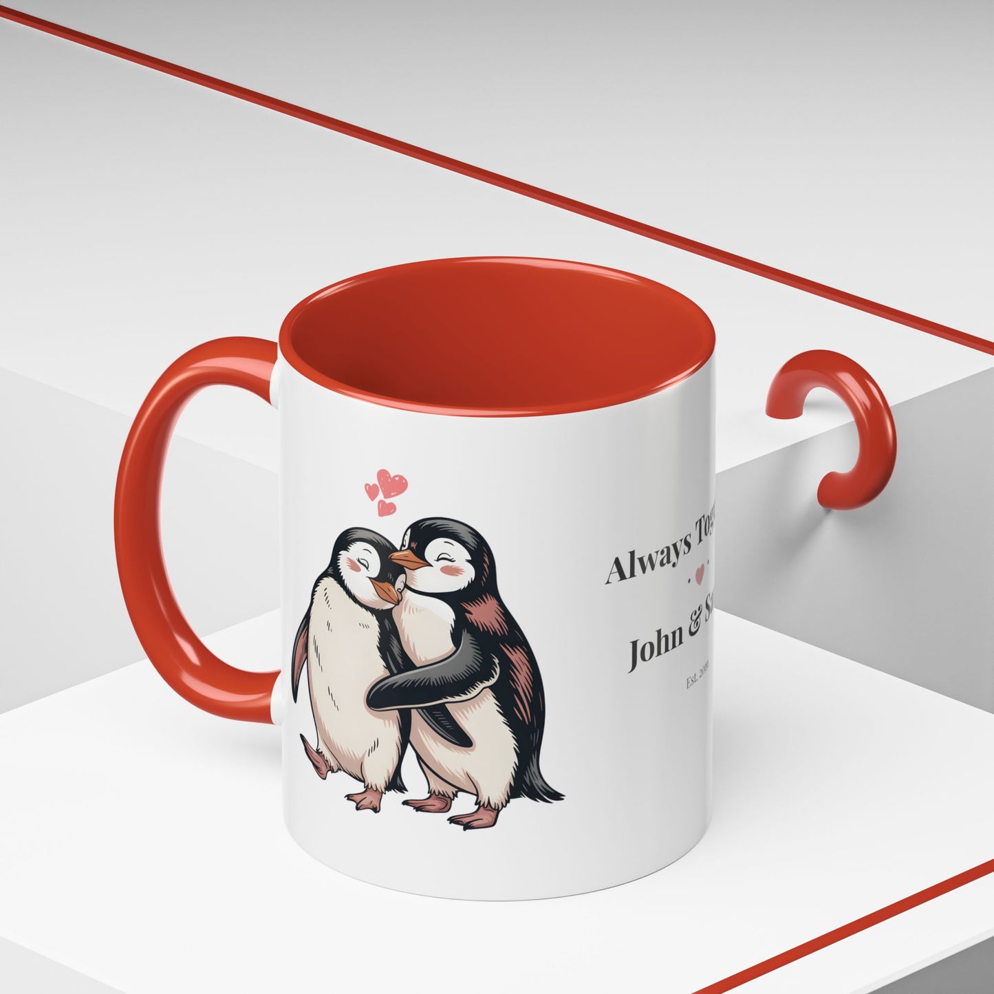 Always Together Personalized Coffee Mug — Penguin Couple with Custom Names & Established Date (11/15 oz) - 14744