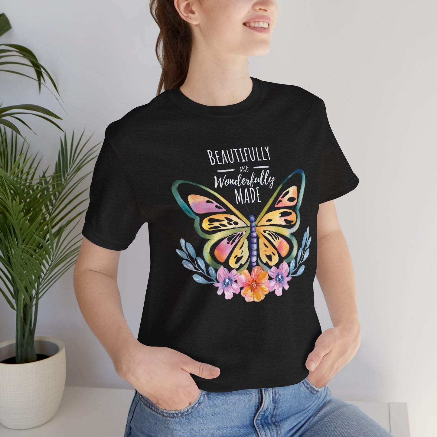 Beautifully & Wonderfully Made Butterfly T-Shirt, Inspirational Floral Graphic Tee - 14954