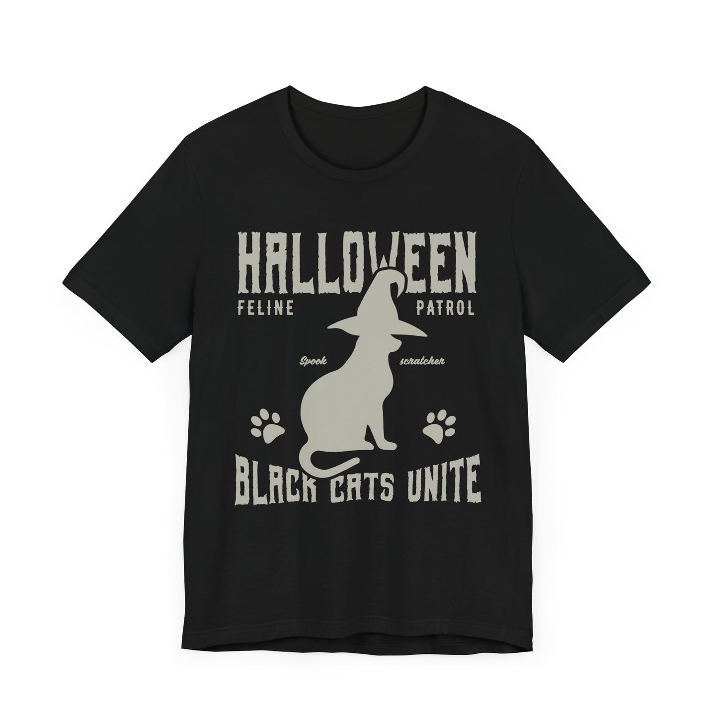 Halloween Feline Patrol, Spook Scratcher, Black Cats Unite  - Unisex Jersey Short Sleeve Tee - 12928