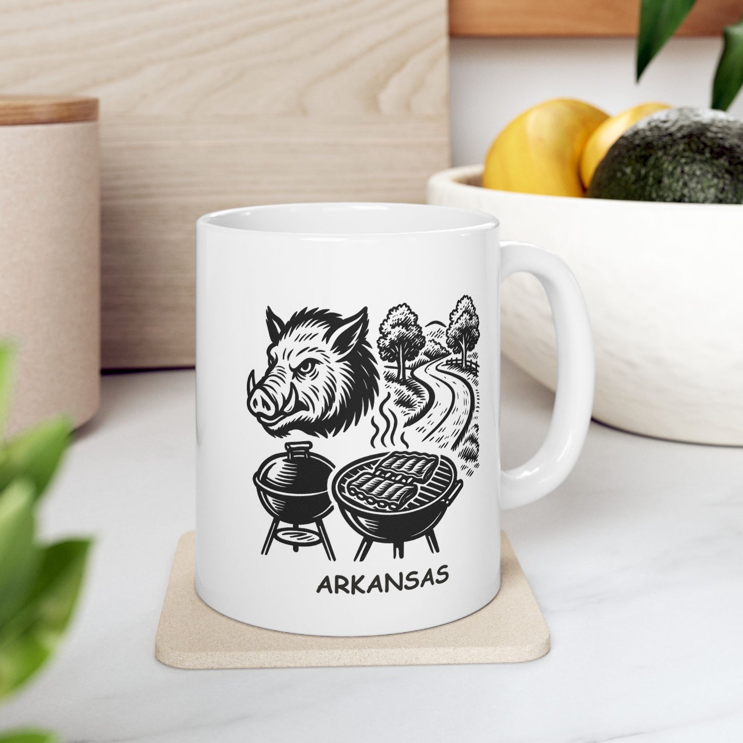 "Arkansas: Home of the Razorbacks, BBQ, and beautiful backroads." Ceramic Mug - 13321