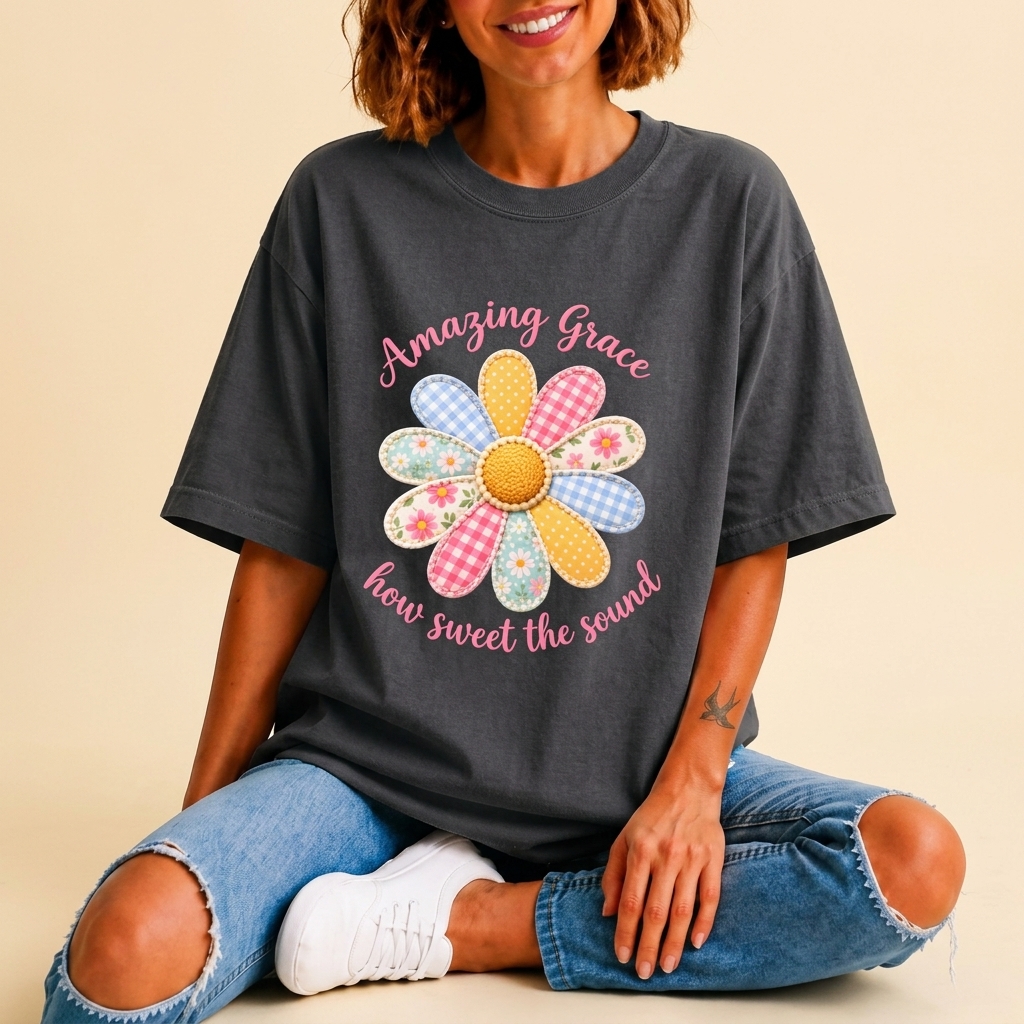 Amazing Grace Daisy T-Shirt, “How Sweet the Sound” Floral Christian Tee - 14992