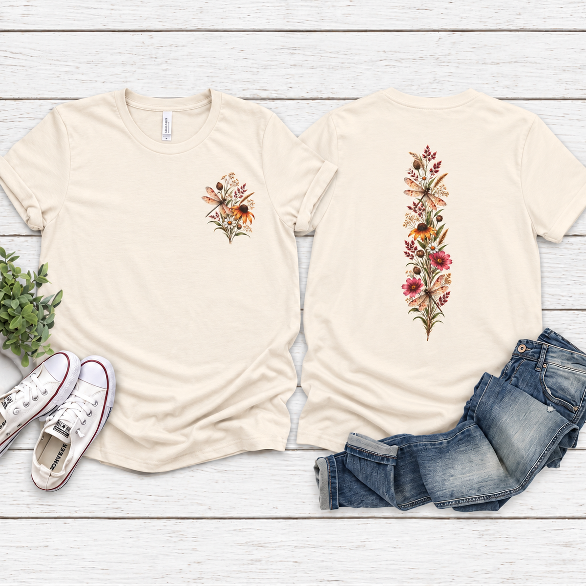 Vintage Wildflower & Dragonfly T-Shirt, Botanical Front & Back Tee - 14549