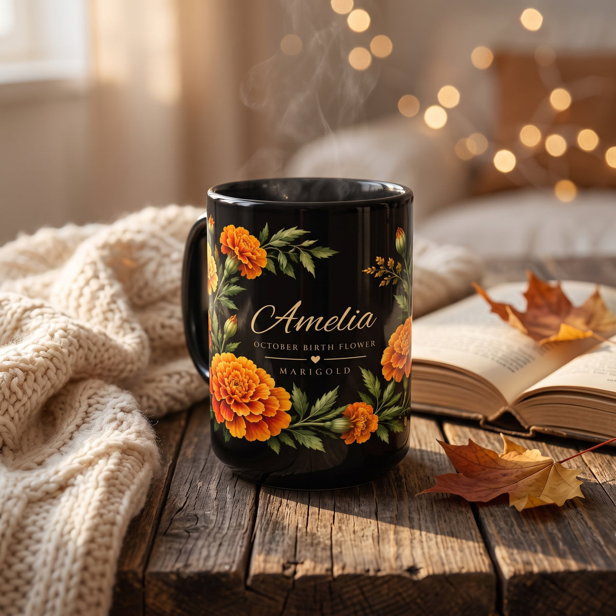 Personalized October Birth Flower Mug,  Marigold Black Coffee Cup, Custom Name 11oz/15oz - 14976