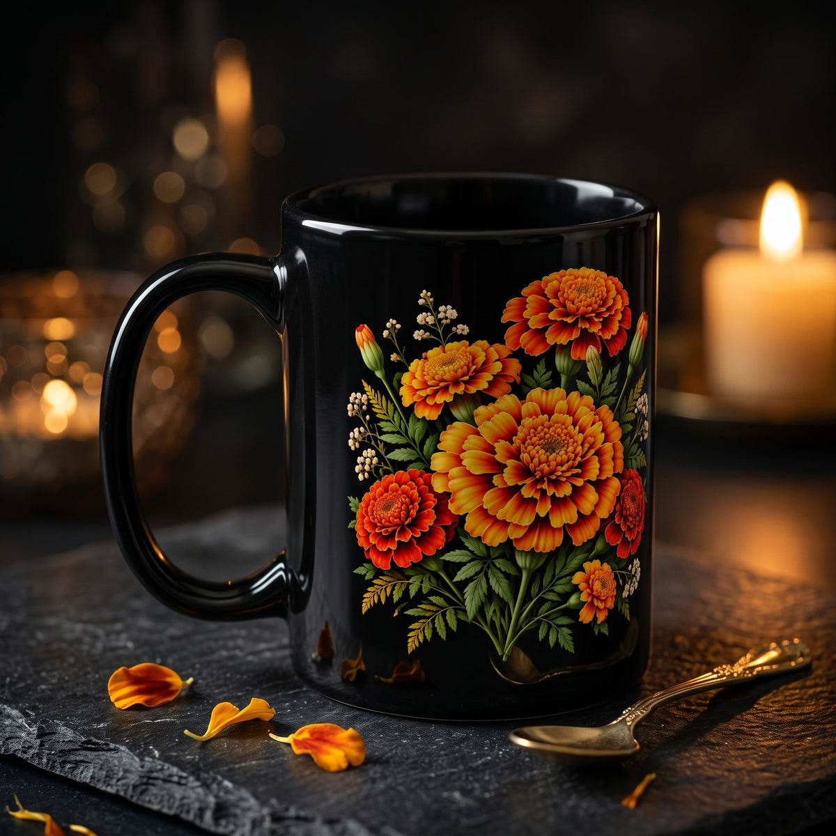 Personalized October Marigold Black Mug, Custom Name Birth Flower Coffee Cup - 14977