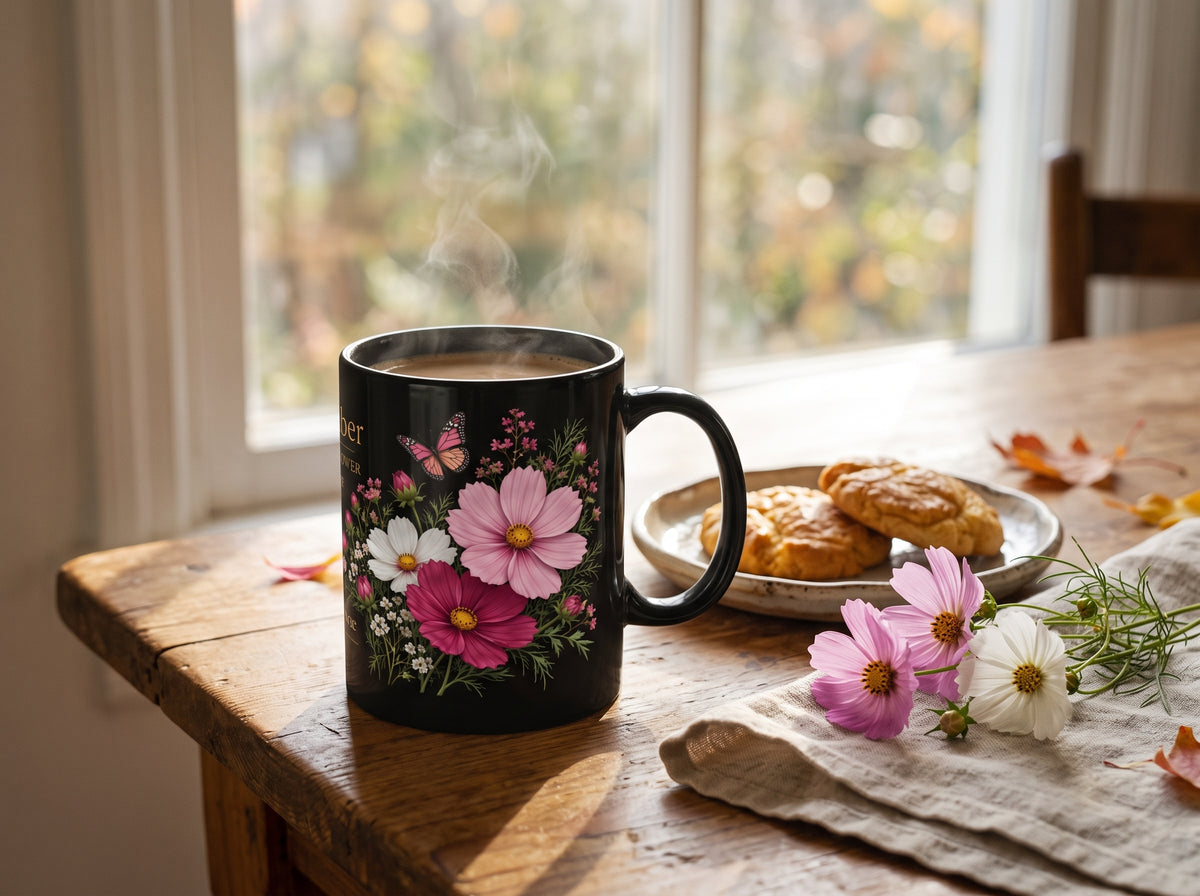 October Birth Flower Mug, Personalized Cosmos Black Coffee Cup - 14980