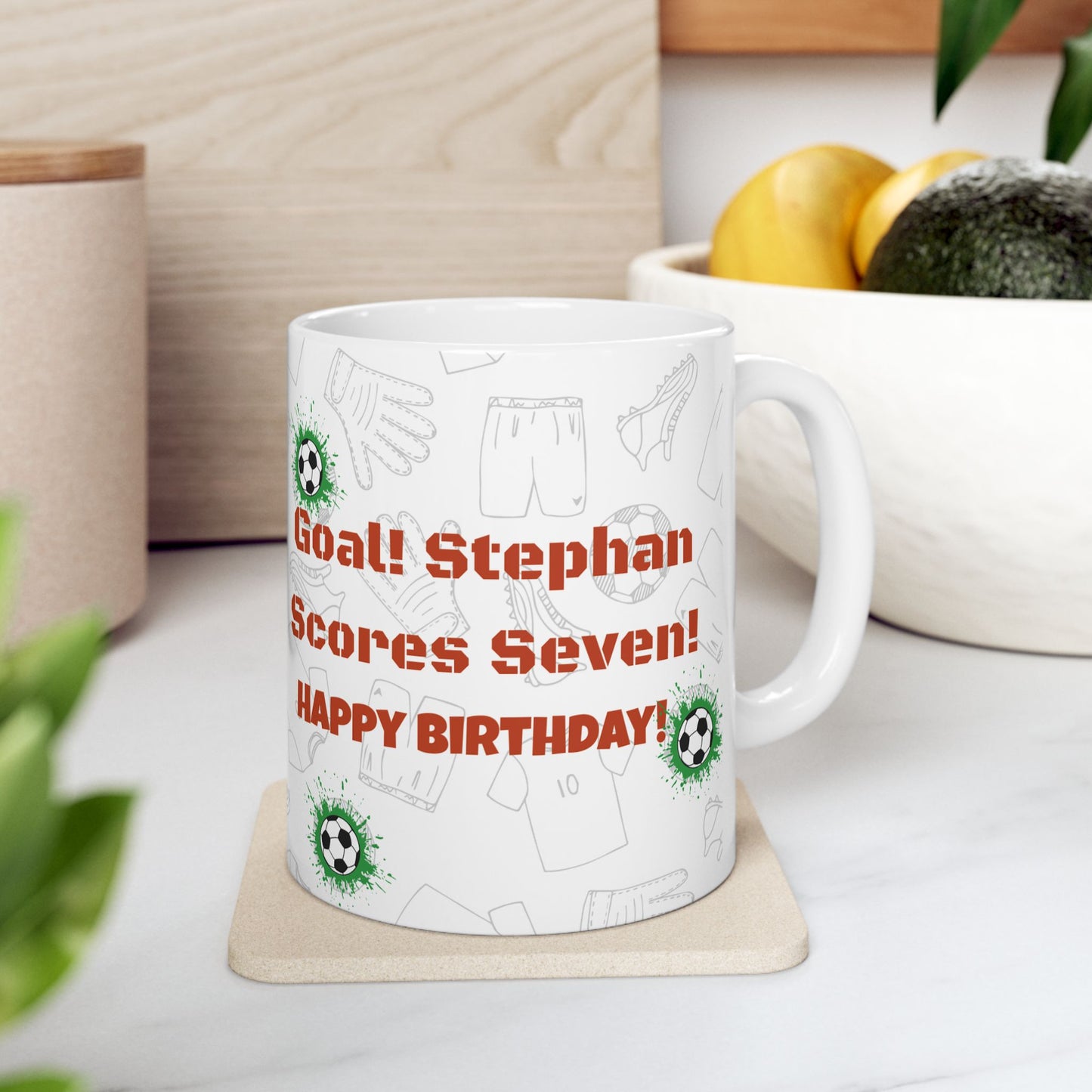 Happy Birthday Stephan!, Personalized, 7th, Soccer-Themed Ceramic Mug for Sports Lovers, Celebrate Birthdays, Goal Scoring Gifts - 14215