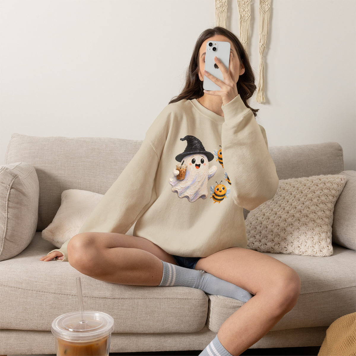 Cute Halloween Ghost & Bees Sweatshirt, Whimsical Witch Hat Crewneck - 14538