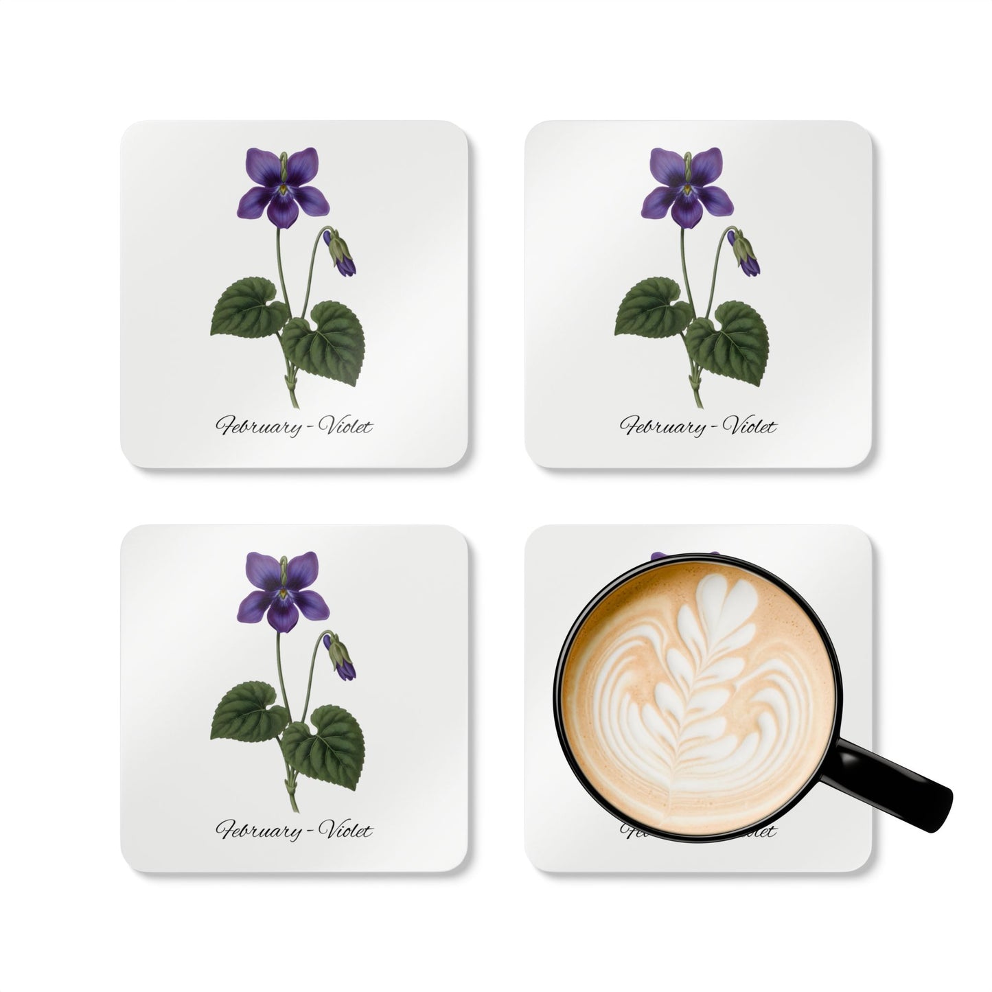 February Birth Flower Violet Cork Coaster Set – Personalized Name Gift - 14696