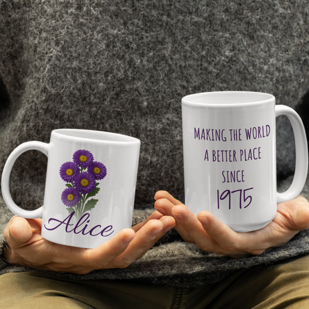 Happy Birthday Ceramic Mug, August Born, Birh Flower Gladiolus, 11oz & 15oz Sizes - 14211