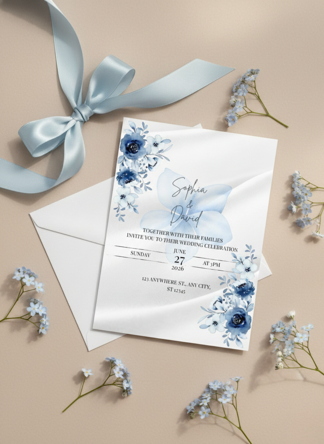 Custom Wedding Invitation with Flowers (envelopes included) - 14666
