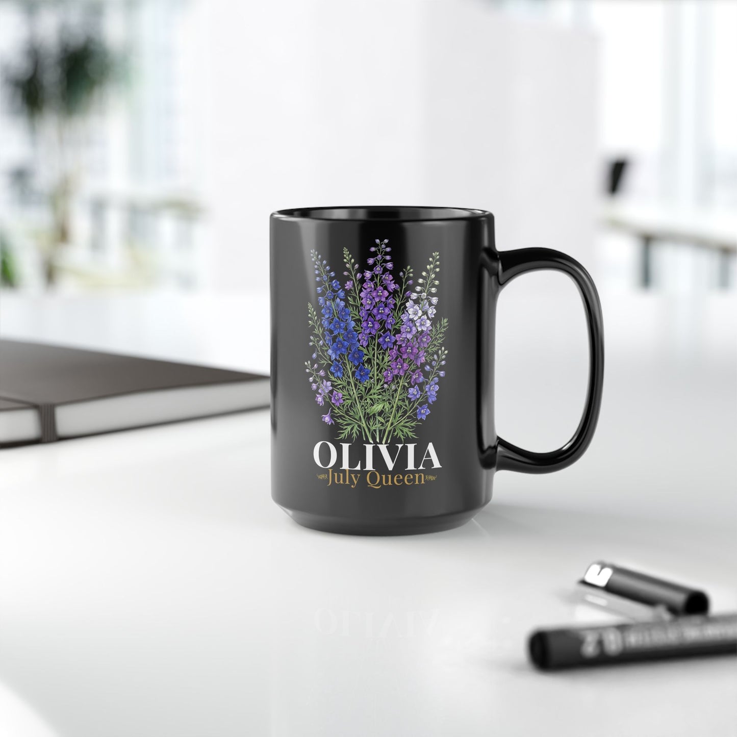 Personalized July Birth Flower Mug – Custom Name Larkspur Floral Coffee Cup, July Queen Gift for Her, Black Mug 11oz 15oz - 14905