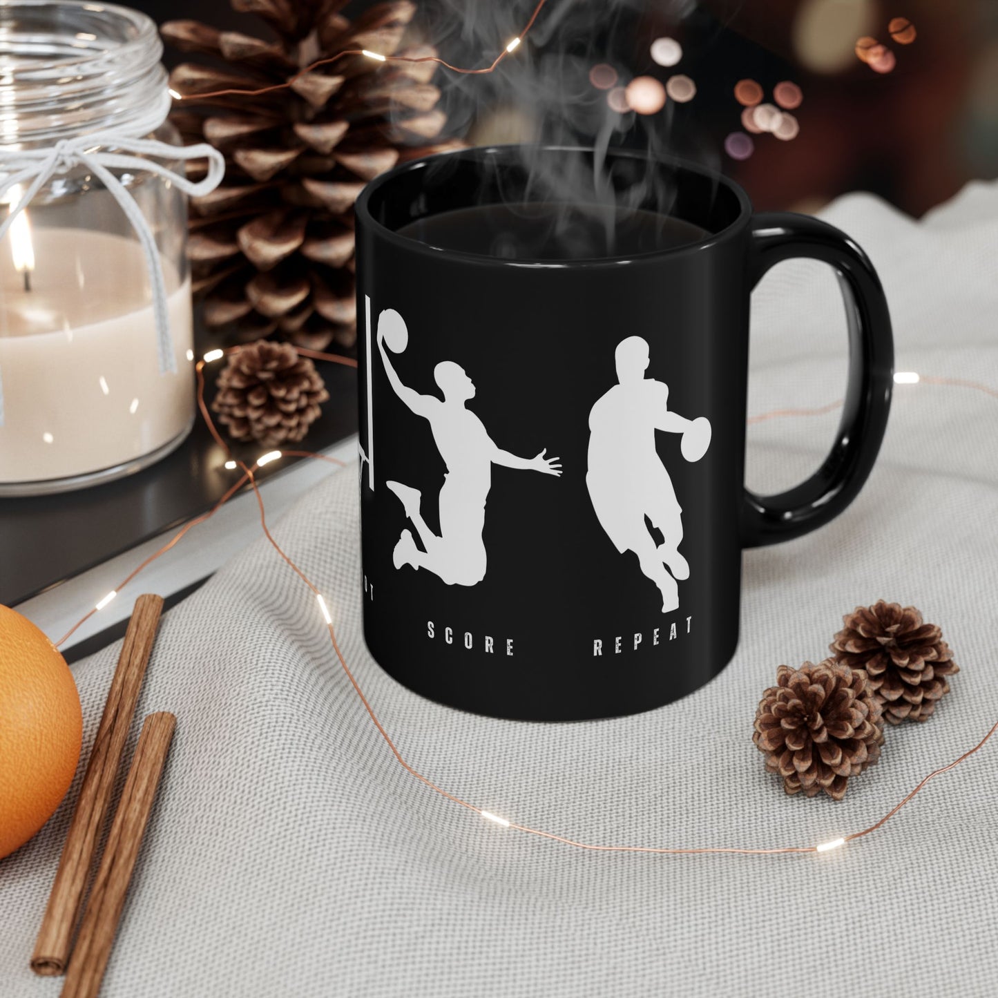 Dribble  Shoot  Score Repeat, Basketball Lovers - Ceramic Black Mug (11oz, 15oz) - 10134