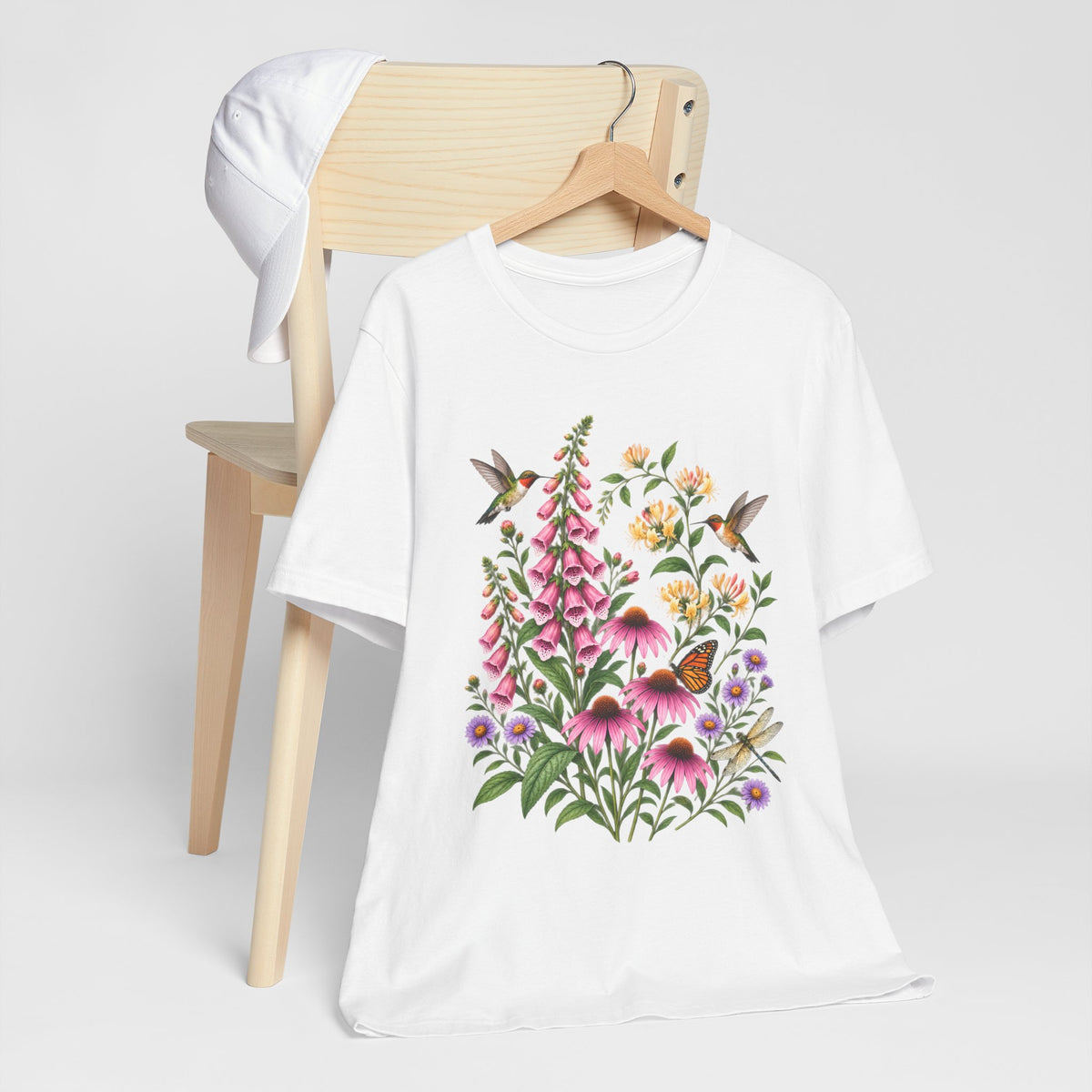 Floral Hummingbird Garden T-Shirt, Wildflower & Butterfly Botanical Tee - 14547
