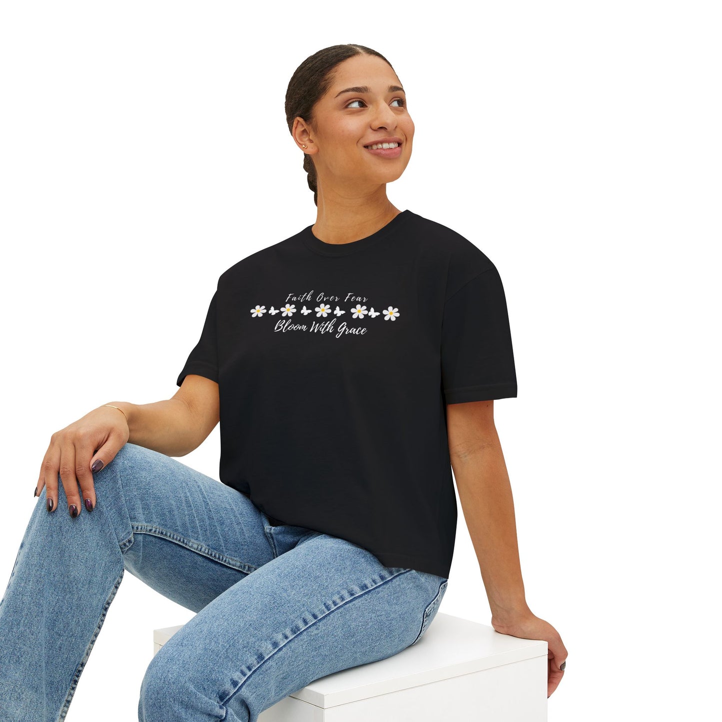 Faith Over Fear Floral Boxy Tee, “Bloom With Grace” Christian Crop Shirt - 14950