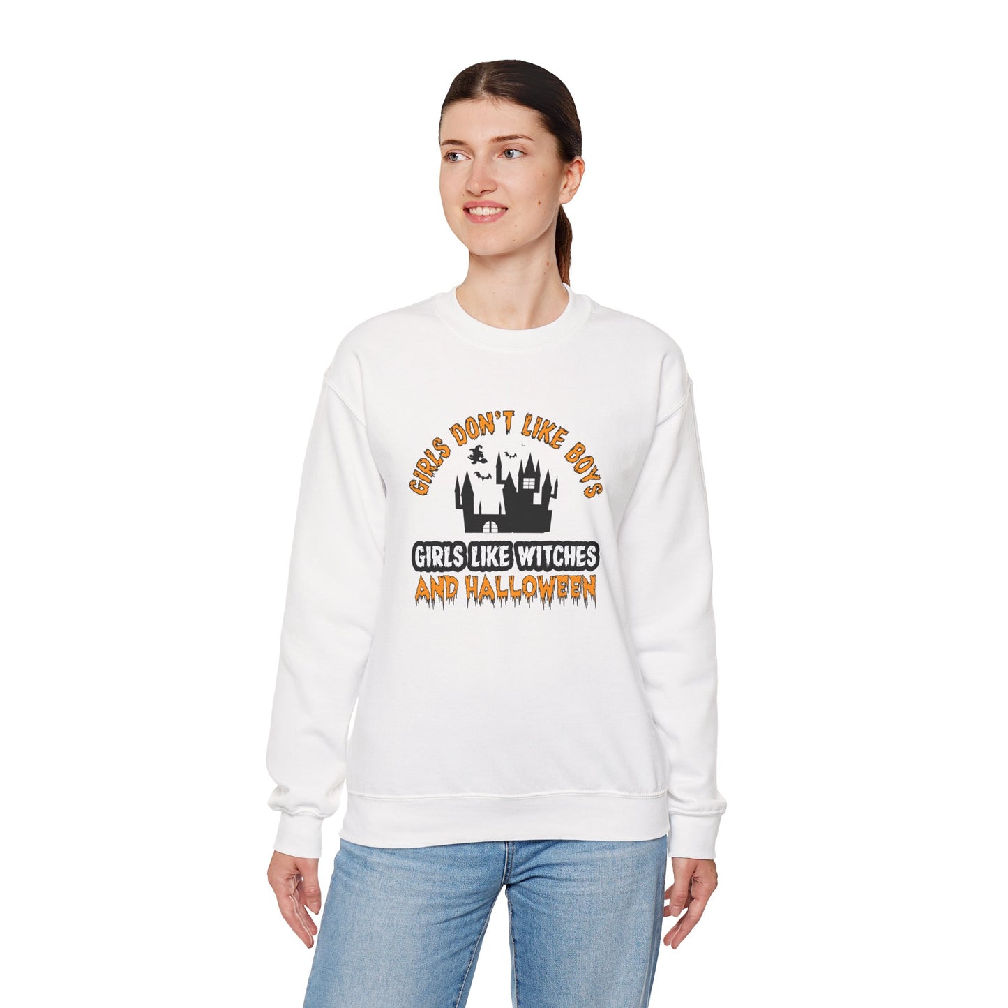 Girls Don't Like Boys. Girls Like Witches and Halloween - Unisex Heavy Blend™ Crewneck Sweatshirt - 12316