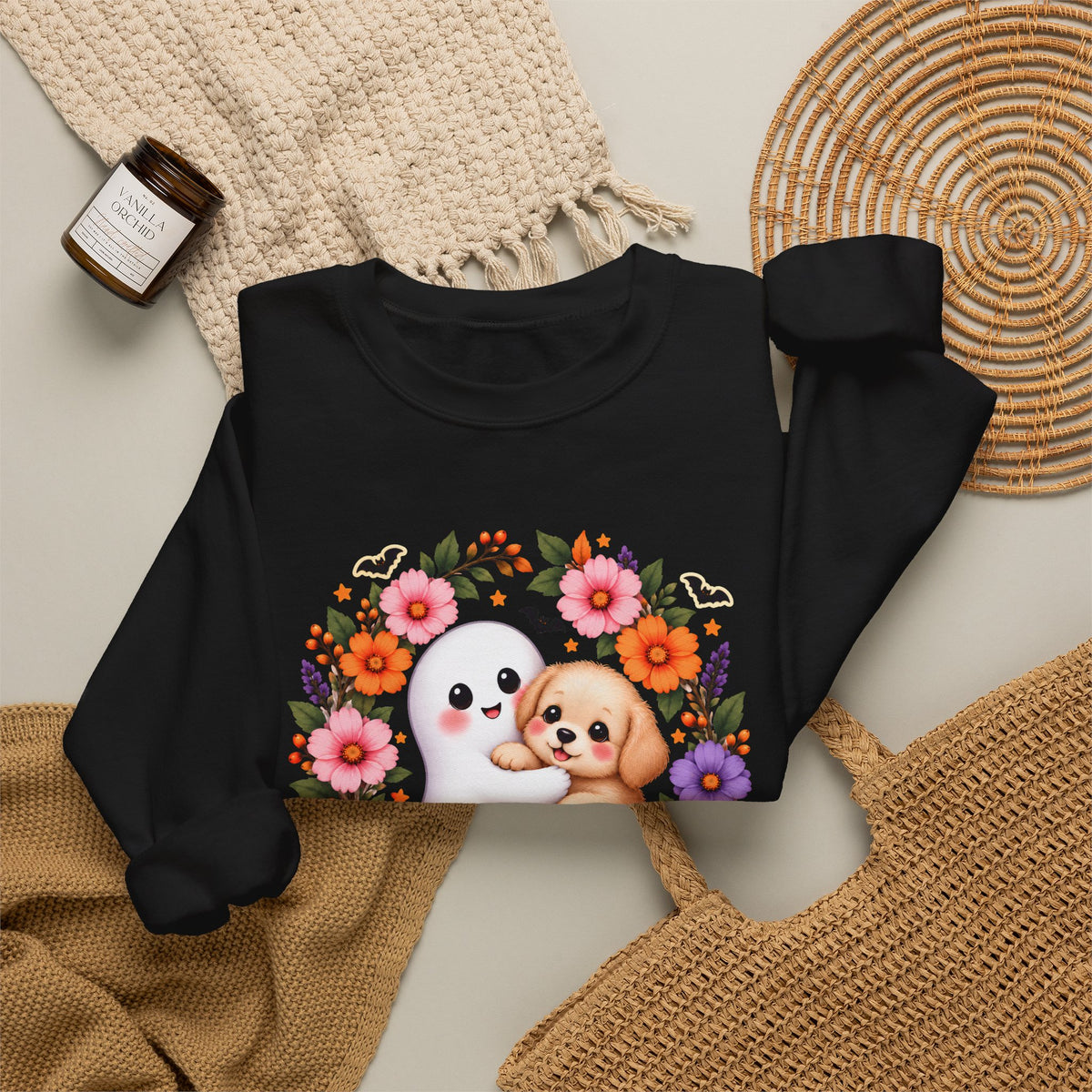 Cute Ghost & Puppy Halloween Sweatshirt,  Floral Crewneck - 14515