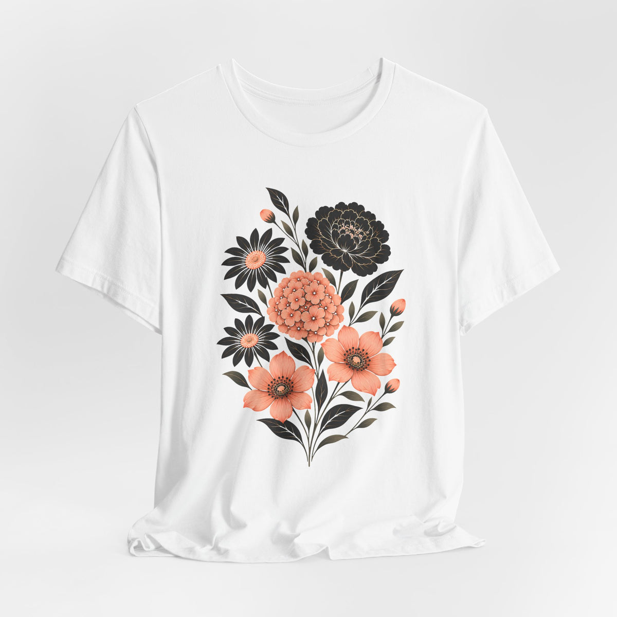 Floral Bouquet T-Shirt, Peach & Black Garden Flower Tee - 14502